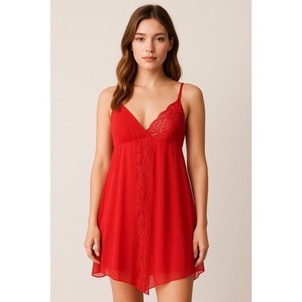 Vintage VICTORIA'S‎ SECRET Gold Label Red Lace Chemise Gown Babydoll Medium